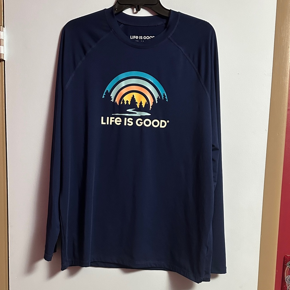 Life Is Good UPF Protection Navy Shirt with Sunset Graphic